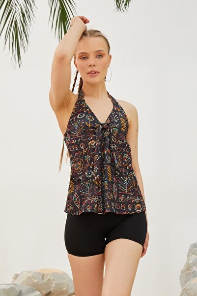 Starinci Mayo Şortlu Tankini Boyundan Bağlamalı Siyah Etnik Desen