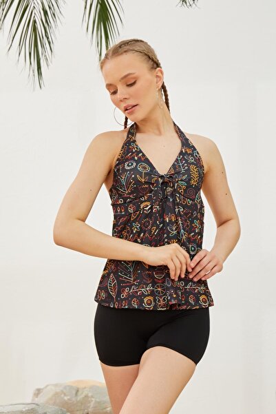 Starinci Mayo Şortlu Tankini Boyundan Bağlamalı Siyah Etnik Desen