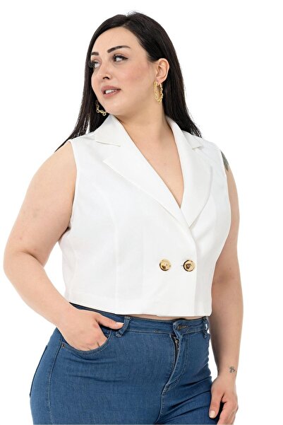 DISENTIS MODEST Plus Size Double Breasted Double Button White Mini Vest