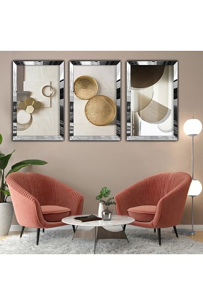 Zevahir Mobilya Dekorasyon Silver Mirrored Plexiglass Framed Collage Drawing Triple Mdf Painting Set