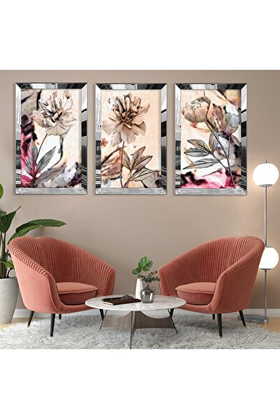 Zevahir Mobilya Dekorasyon Soyut Desen Çiçek Gümüş Pleksi Kenar Üçlü Mdf Tabl...
