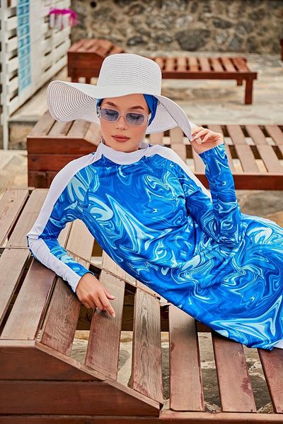 Marina Marbling Patterned Blue Full Covered Hijab Swimsuit M2304