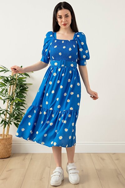 PULLIMM Papatya Baskılı Gipeli Kare Yaka Elbise 2023-2269