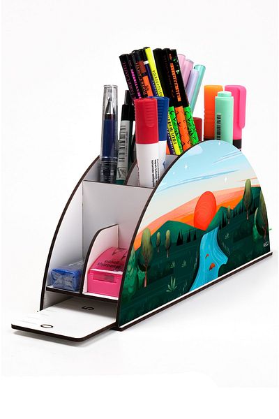 kutuTR Landscape Rainbow Ruled Desktop Pen Holder Organizer Assembled Boxed