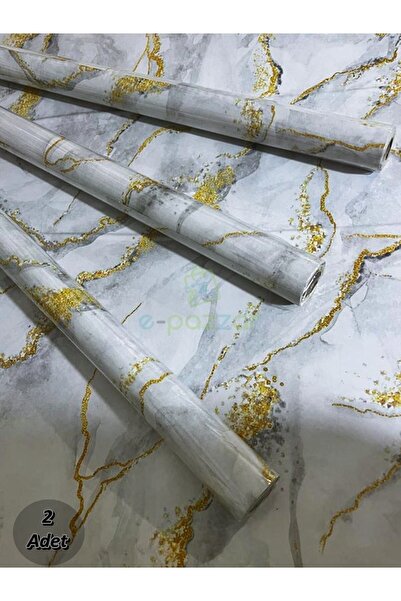 epazzar 2 Adet 5 Metre X 60 Cm Beyaz Zemin Gold & Gri Desenli Kendinden Yapış...
