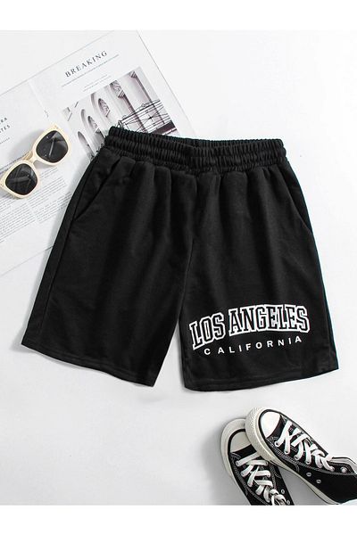Mythologie Pantaloni scurți din bumbac pieptănat Los Angeles California - negru, imprimați, talie înaltă, tricotate, buzunar, femei