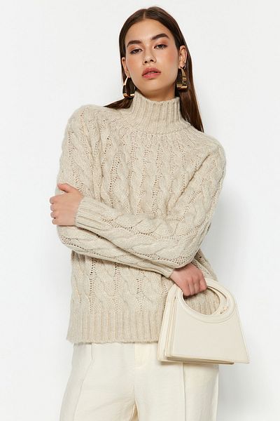 Trendyol Collection Stone Soft Textured Hair Braided Knitwear Sweater TWOAW24KZ00085