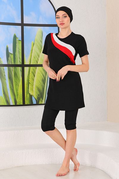 ASLINUR GİYİM Hijab Swimsuit Lycra Quick Drying Short Sleeve Red Swimsuit