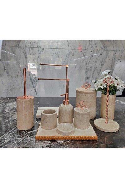 Sümeyra Marble Art -doğal Bej Mermer Banyo Seti | 10lu | Bej Mermer Havluluk | Mercan | Bakır |