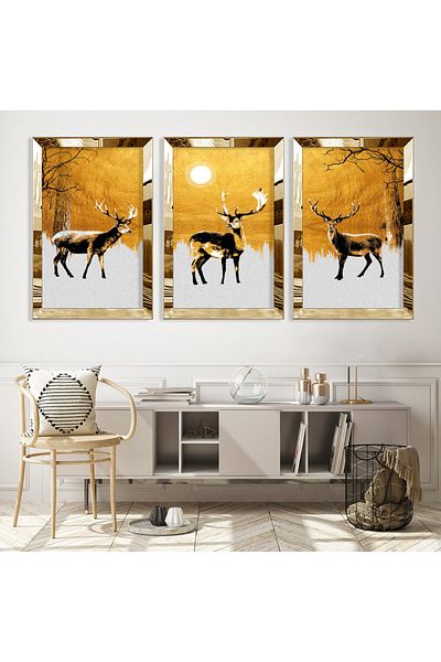 Zevahir Mobilya Dekorasyon Set de pictură din MDF cu model abstract de cerb din plexiglas auriu