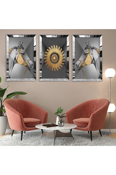 Zevahir Mobilya Dekorasyon Set de pictură din MDF cu model abstract de cal din argint cu margine din plexiglas