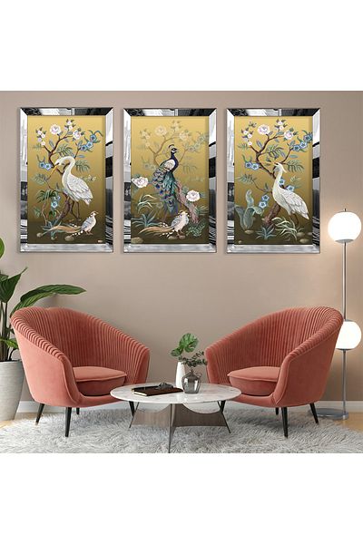 Zevahir Mobilya Dekorasyon Set de pictură din MDF triplu cu model abstract triplu păun cu cadru din plexiglas cu oglindă argintie