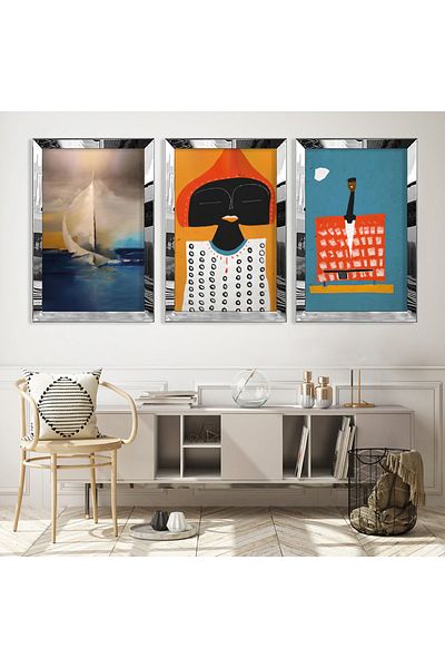 Zevahir Mobilya Dekorasyon Silver Mirrored Plexiglass Framed Collage Drawing Triple Mdf Painting Set