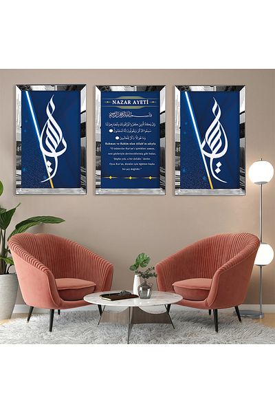 Zevahir Mobilya Dekorasyon Set de picturi din MDF triplu cu cadru din plexiglas cu oglindă argintie