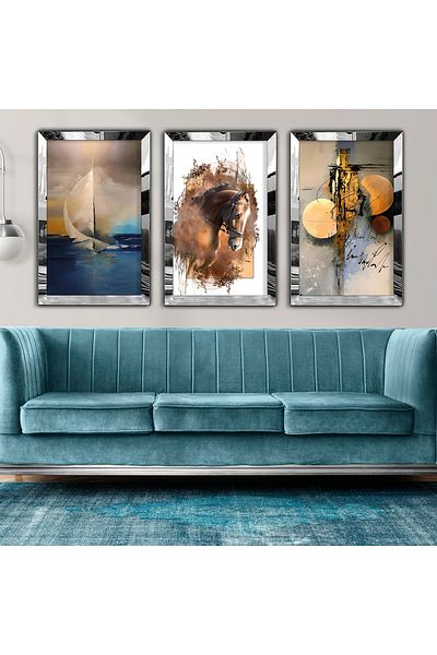 Zevahir Mobilya Dekorasyon Silver Mirrored Plexiglass Framed Collage Drawing Triple Mdf Painting Set
