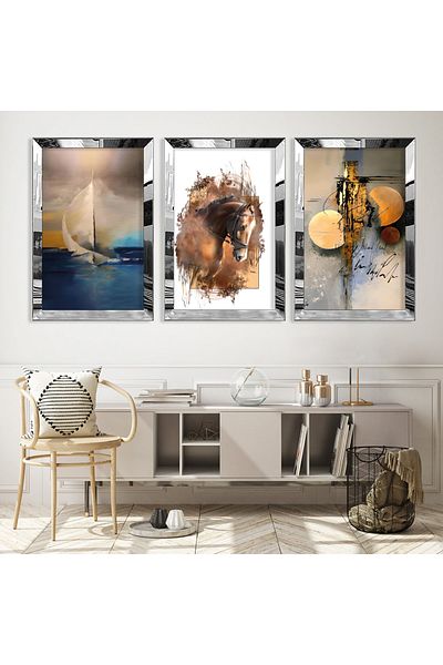 Zevahir Mobilya Dekorasyon Silver Mirrored Plexiglass Framed Collage Drawing Triple Mdf Painting Set