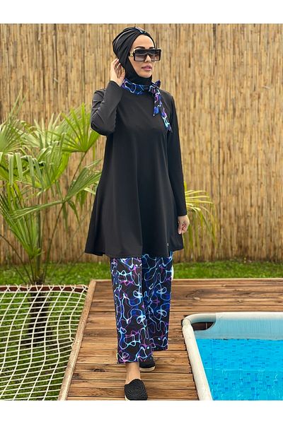 MASSMİZO Women's Long Collar Scarf Scuba Patterned Beach Full Covered Hijab Swimsuit Set of 3