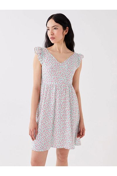 LC Waikiki Γυναικείο φλοράλ κοντομάνικο φόρεμα Lcw Casual V λαιμόκοψη
