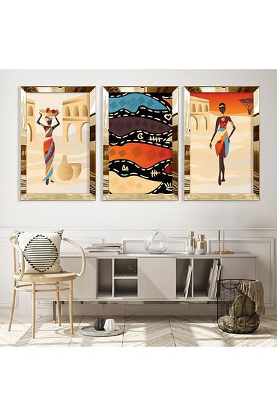 Zevahir Mobilya Dekorasyon Civilizația egipteană Model abstract Set de pictură din MDF triplu cu margine din plexiglas auriu