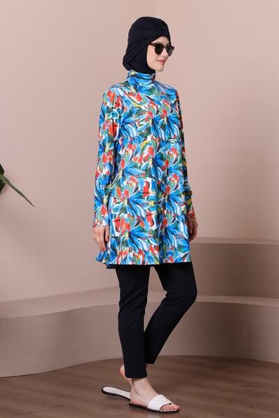 MASSMİZO Γυναικεία μακριά Scuba Digital Print Beach Full Covered Hijab μαγιό Σετ 3 τεμαχίων