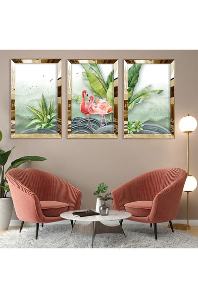 Zevahir Mobilya Dekorasyon Σετ ζωγραφικής Flamingo Abstract Pattern Gold Plexi Edge Τριπλό MDF
