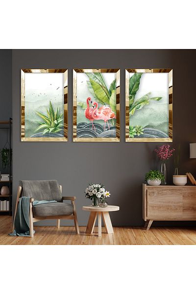 Zevahir Mobilya Dekorasyon Σετ ζωγραφικής Flamingo Abstract Pattern Gold Plexi Edge Τριπλό MDF