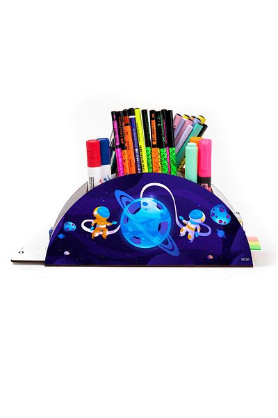 kutuTR Wooden Vip Astronaut And Space Rainbow Ruled Desktop Pen Holder Organizer Assembled Boxed