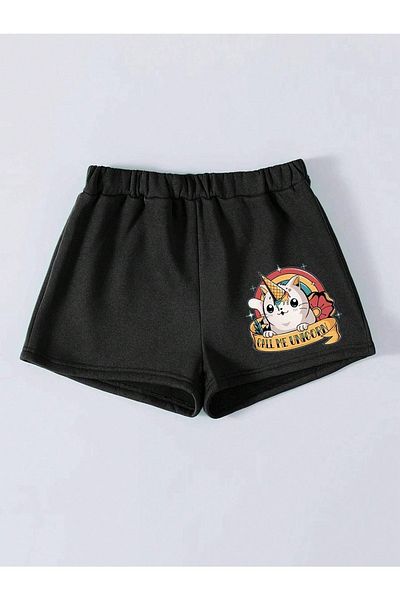 Mythologie Pantaloni scurți din bumbac pieptănat Unicorn - negri, imprimați, talie înaltă, tricotate, cu buzunar, femei