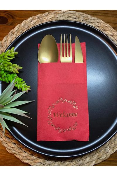 kidspartim Gold Gilded Red Welcome Pocket Napkin 12 Pcs 40x40