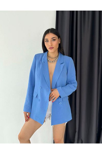 pembekurdelem Jachetă Blazer dublu de in albastru