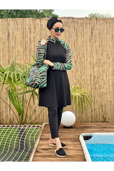 MASSMİZO Women's Green Patterned Raglan Sleeve Scuba Beach Fully Covered Hijab Swimsuit Set of 3