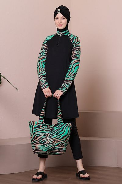MASSMİZO Women's Green Patterned Raglan Sleeve Scuba Beach Fully Covered Hijab Swimsuit Set of 3