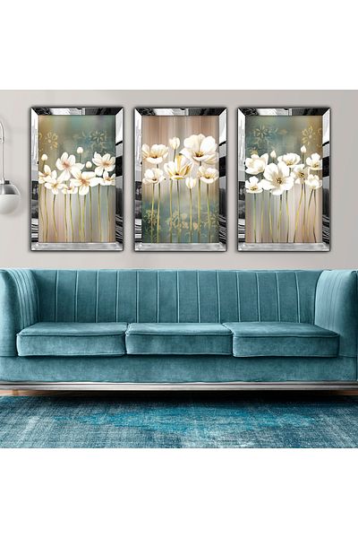 Zevahir Mobilya Dekorasyon Silver Mirrored Plexiglass Framed Collage Drawing Triple Mdf Painting Set