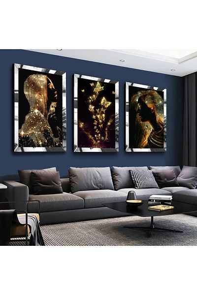 Zevahir Mobilya Dekorasyon Set de pictură din MDF triplu argintiu cu cadru din plexiglas cu oglindă argintie, desen modern, femeie aurie și fluture