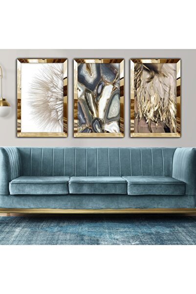 Zevahir Mobilya Dekorasyon Gold Mirrored Plexi Framed Collage Drawing Triple ...