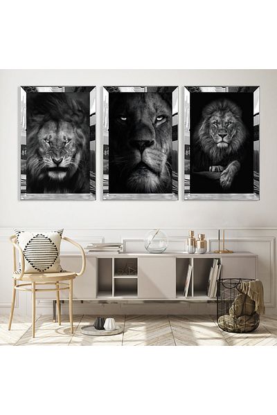 Zevahir Mobilya Dekorasyon Set de masă din MDF triplu argintiu King of the Forest Lion cu cadru din plexiglas cu oglindă argintie