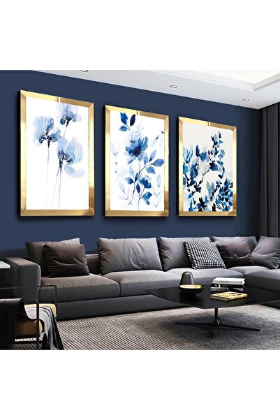 Zevahir Mobilya Dekorasyon Set de masă din MDF triplu cu flori albastre cu ca...