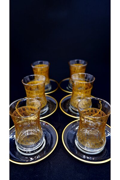 Umut Karcı Gold Yaldızlı Labirent Desenli Şık 6 Kişilik Çay Bardağı