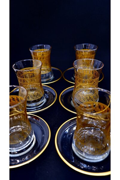 Umut Karcı Gold Yaldızlı Labirent Desenli Şık 6 Kişilik Çay Bardağı