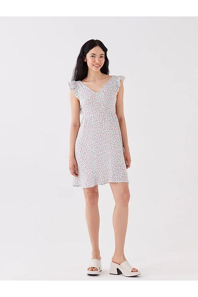 LC Waikiki Γυναικείο φλοράλ κοντομάνικο φόρεμα Lcw Casual V λαιμόκοψη