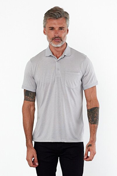 ENQUE تي شيرت رجالي أساسي بياقة بولو وأكمام قصيرة وجيب باللون الرمادي