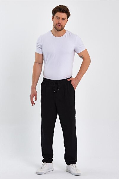 COOL TARZ Erkek Siyah Regular Bağcıklı Keten Pantolon-crepe1479r01s