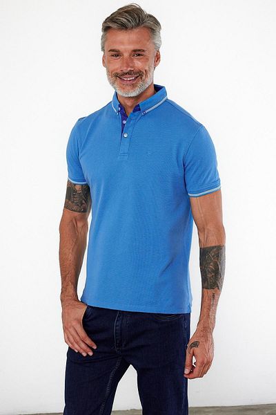 ENQUE Tricou albastru solid cu mânecă scurtă, cu gât polo, strâns pentru bărbați