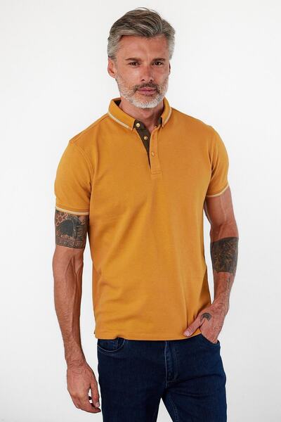 ENQUE تي شيرت رجالي ذو رقبة بولو أساسية وأكمام قصيرة بلون أصفر سادة