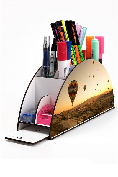 kutuTR Wooden Vip Landscape Rainbow Ruled Desktop Pen Holder Organizer with Assembled Box
