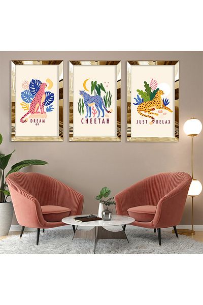 Zevahir Mobilya Dekorasyon Set de pictură din MDF cu model abstract Cheetah cu margine din plexiglas auriu