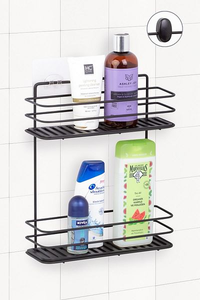 Sas Haus Lifetime Stainless Adhesive Bathroom Organizer Shampoo Rack 2 Tiers Shower Shelf Black Mds-836
