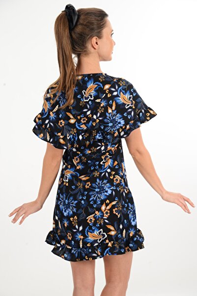 fehika Жіноча коротка сукня з рюшами, з квітковим принтом, синього кольору, з креповою тканиною, з принтом