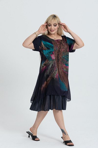 Eceyaman moda WOMEN'S DARK NAVY BLUE VIOLET PATTERNED TILBAND PLUS SIZE DRESS