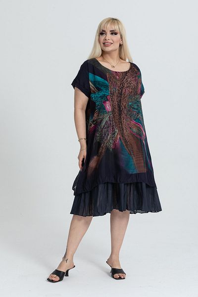 Eceyaman moda WOMEN'S DARK NAVY BLUE VIOLET PATTERNED TILBAND PLUS SIZE DRESS